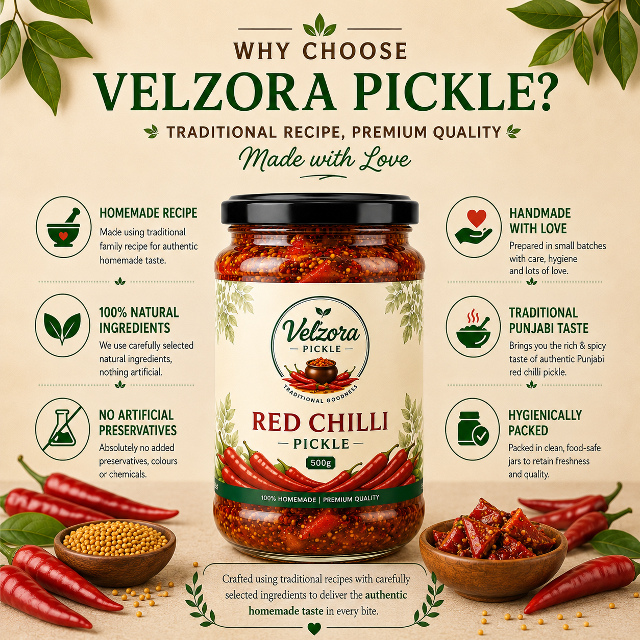 Velzora Red Chilli Pickle (500g)