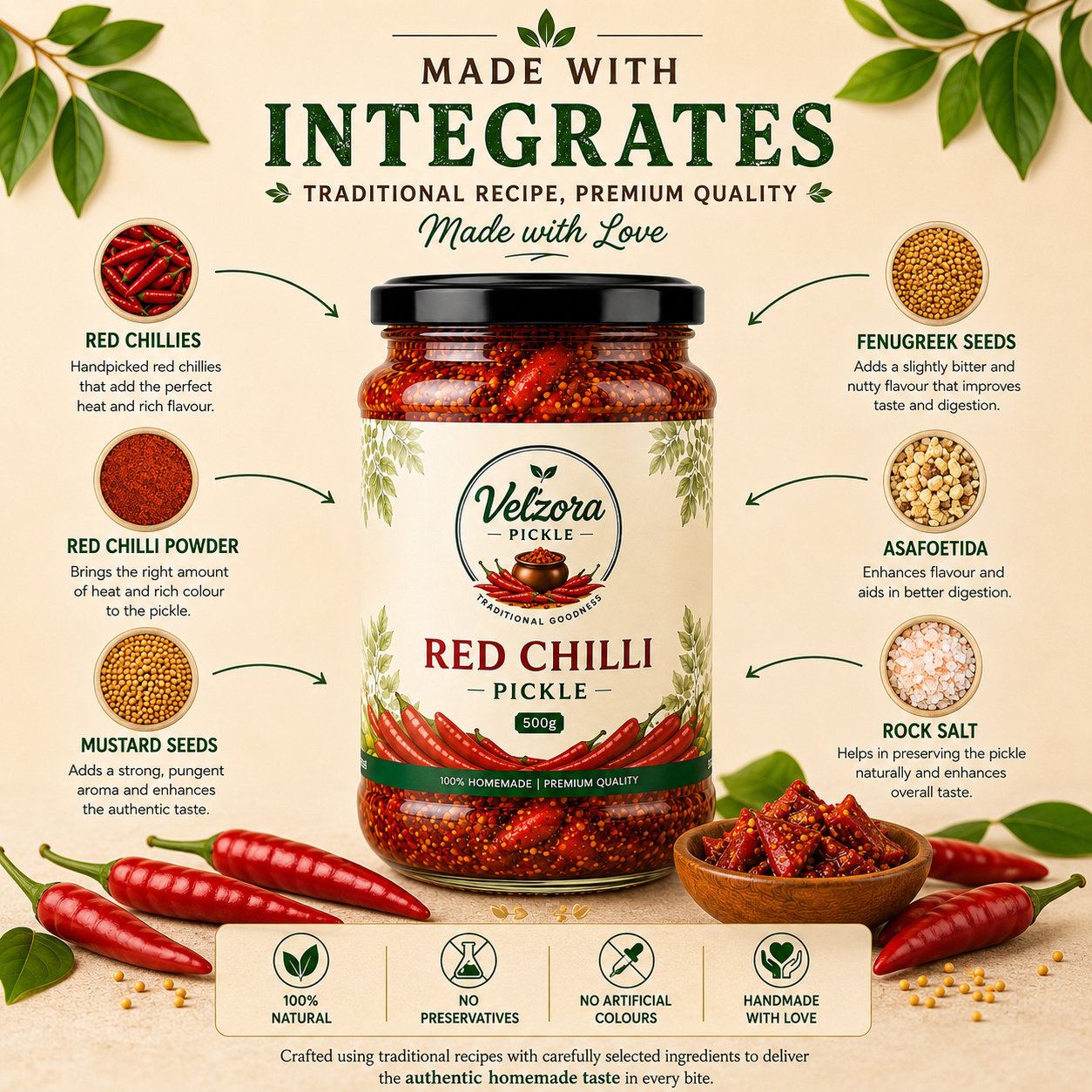 Velzora Red Chilli Pickle (500g)