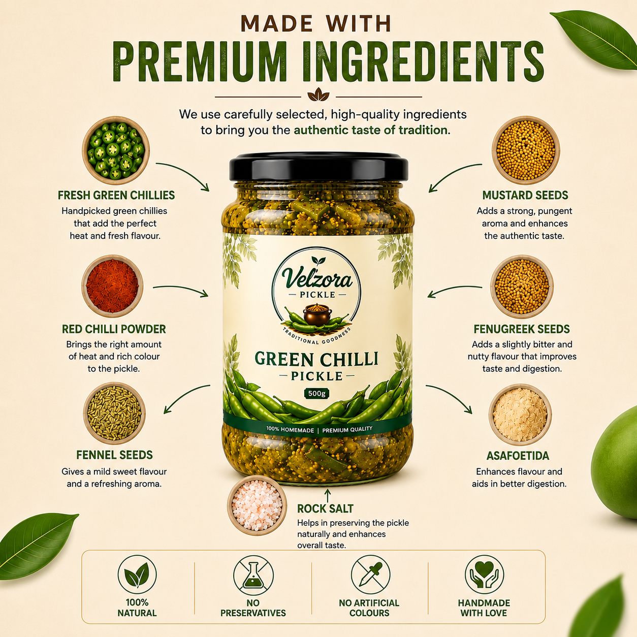 Velzora Green Chilli Pickle (500g)