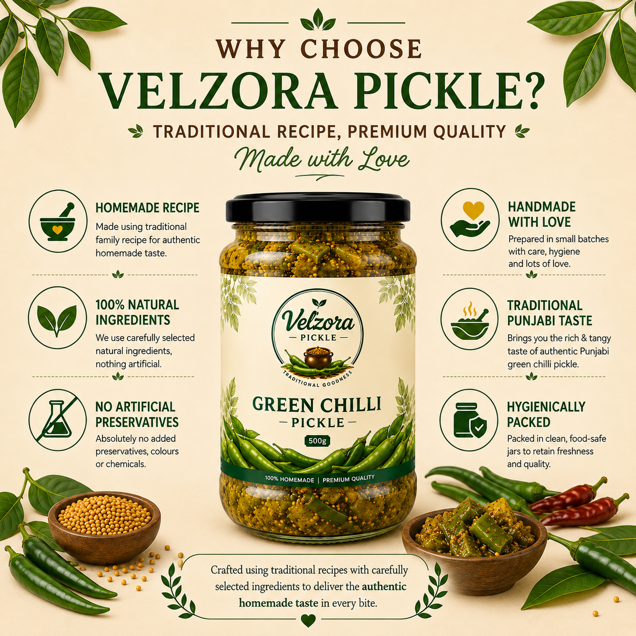 Velzora Green Chilli Pickle (500g)
